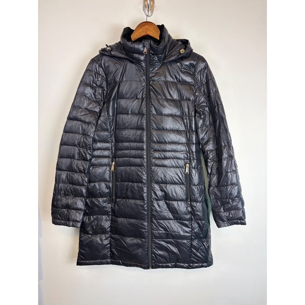 Andrew Marc Puffer Jacket Medium Black Packable Down Hood Lightweight Coat Long